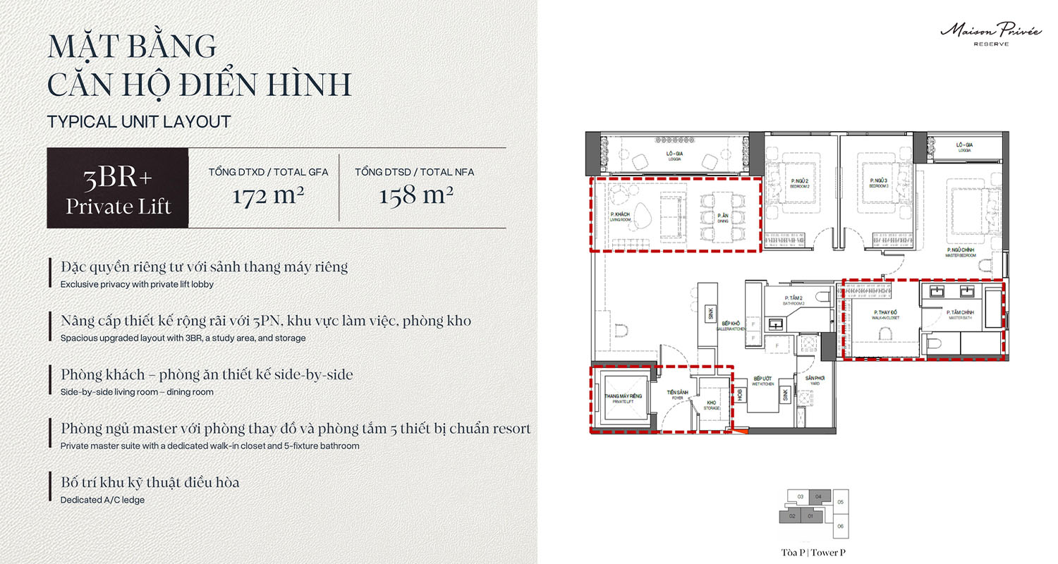 Căn hộ 3 phòng ngủ+ Premium – Tòa P